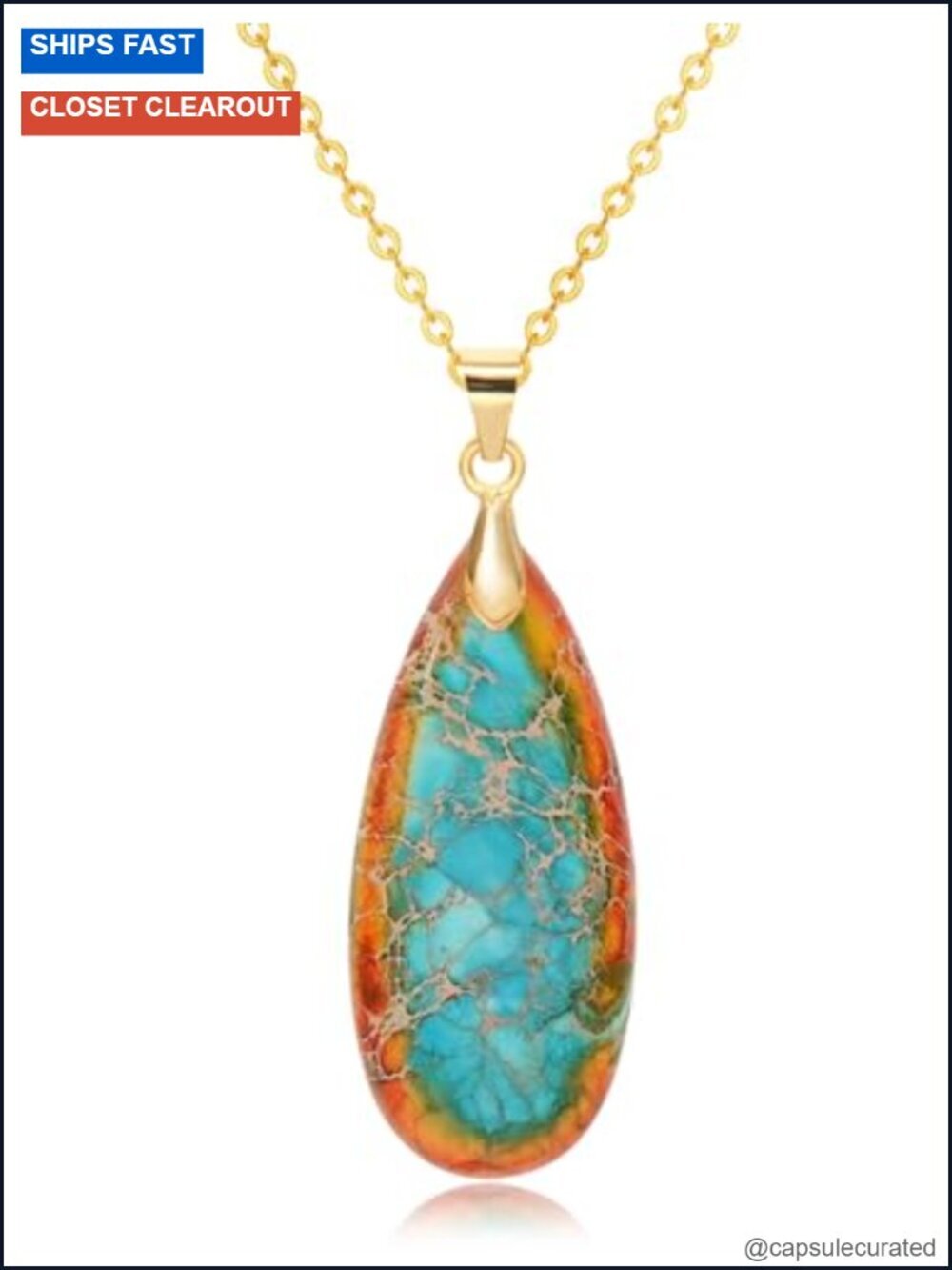 Teardrop Gemstone Pendant Necklace Natural Stone Gold Plated Chain